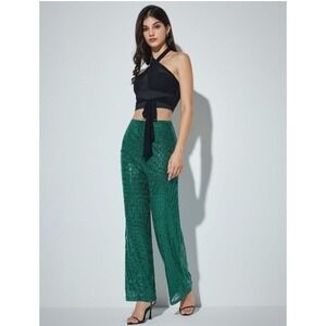 CIDER Green Sparkling Sequin Wide Leg Pants S Holiday Artsy Maximalist Glam Diva